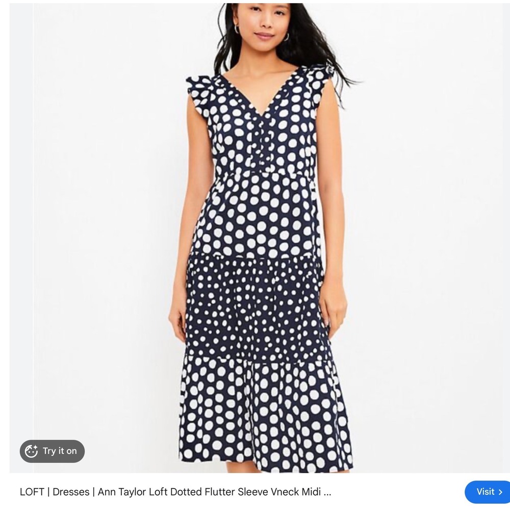 LOFT‎ NAVY BLUE AND WHITE POLKA DOT MIDI DRESS